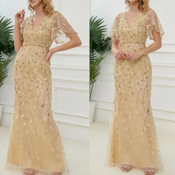 Luxe floral embroidered mesh sequins party formal prom wedding gown dress